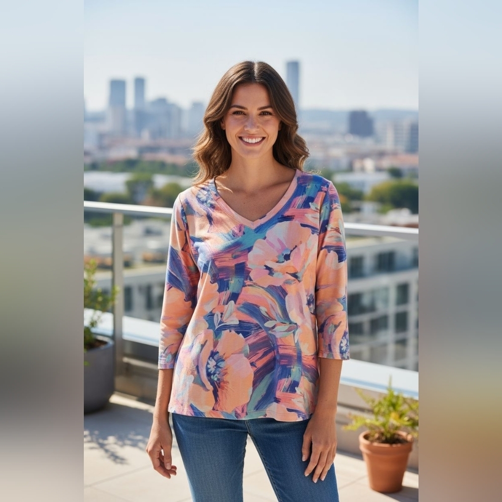 Soft Surroundings Felisa Tunic Top Floral Watercolor large pink Orange V Neck